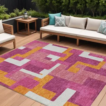 8' X 10' Pink Ivory And Orange Geometric Washable Indoor Outdoor Area Rug