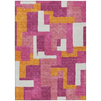9' X 12' Pink Ivory And Orange Geometric Washable Indoor Outdoor Area Rug