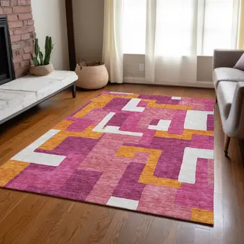 10' X 14' Pink Ivory And Orange Geometric Washable Indoor Outdoor Area Rug