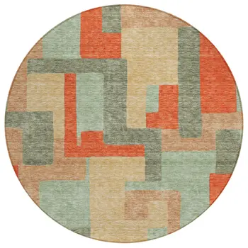 8' Sage Gray And Orange Round Geometric Washable Indoor Outdoor Area Rug