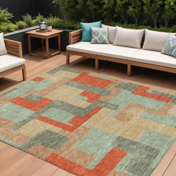 9' X 12' Sage Gray And Orange Geometric Washable Indoor Outdoor Area Rug