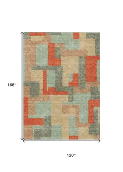 10' X 14' Sage Gray And Orange Geometric Washable Indoor Outdoor Area Rug