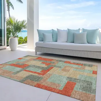 10' X 14' Sage Gray And Orange Geometric Washable Indoor Outdoor Area Rug