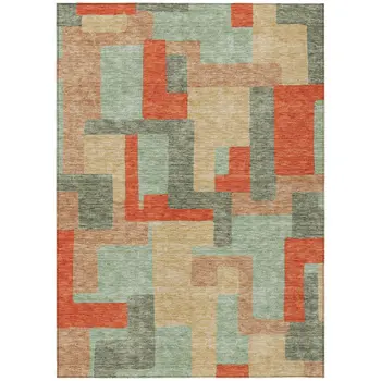 10' X 14' Sage Gray And Orange Geometric Washable Indoor Outdoor Area Rug