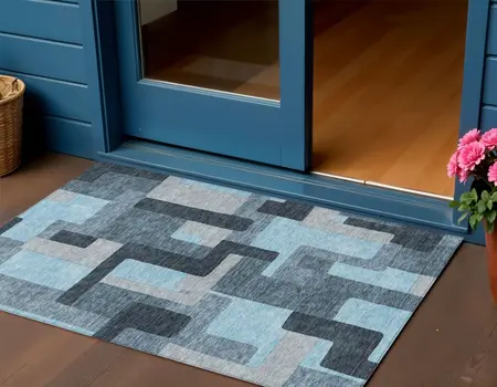 3' X 5' Sky Blue Denim Blue And Gray Geometric Washable Indoor Outdoor Area Rug