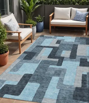 5' X 8' Sky Blue Denim Blue And Gray Geometric Washable Indoor Outdoor Area Rug