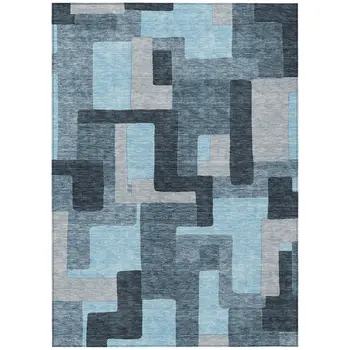 5' X 8' Sky Blue Denim Blue And Gray Geometric Washable Indoor Outdoor Area Rug