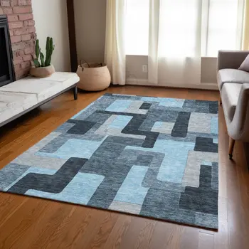 5' X 8' Sky Blue Denim Blue And Gray Geometric Washable Indoor Outdoor Area Rug