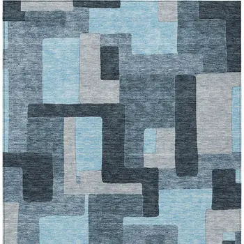 10' X 14' Sky Blue Denim Blue And Gray Geometric Washable Indoor Outdoor Area Rug