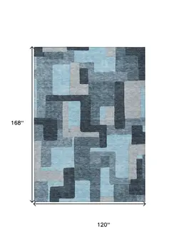 10' X 14' Sky Blue Denim Blue And Gray Geometric Washable Indoor Outdoor Area Rug