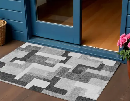 3' X 5' Silver Ivory And Charcoal Geometric Washable Indoor Outdoor Area Rug
