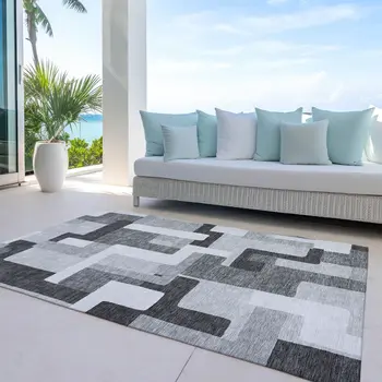 5' X 8' Silver Ivory And Charcoal Geometric Washable Indoor Outdoor Area Rug