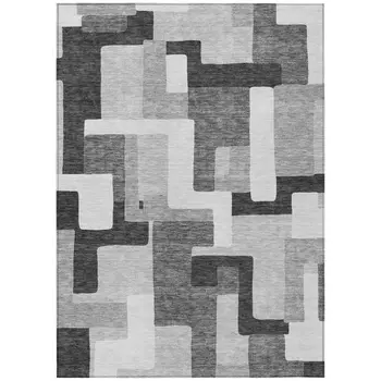 5' X 8' Silver Ivory And Charcoal Geometric Washable Indoor Outdoor Area Rug