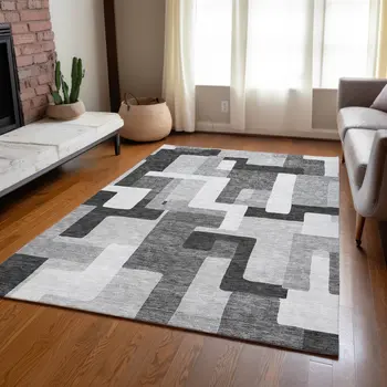 5' X 8' Silver Ivory And Charcoal Geometric Washable Indoor Outdoor Area Rug