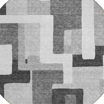8' Silver Ivory And Charcoal Round Geometric Washable Indoor Outdoor Area Rug
