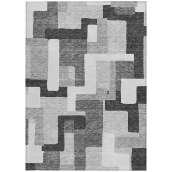 8' X 10' Silver Ivory And Charcoal Geometric Washable Indoor Outdoor Area Rug