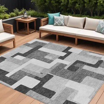 8' X 10' Silver Ivory And Charcoal Geometric Washable Indoor Outdoor Area Rug