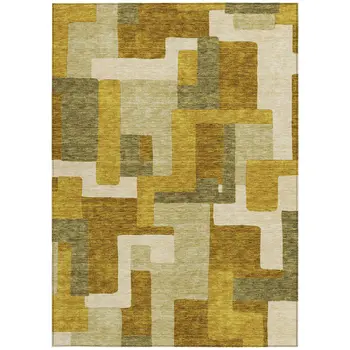3' X 5' Wheat Ivory And Gold Geometric Washable Indoor Outdoor Area Rug