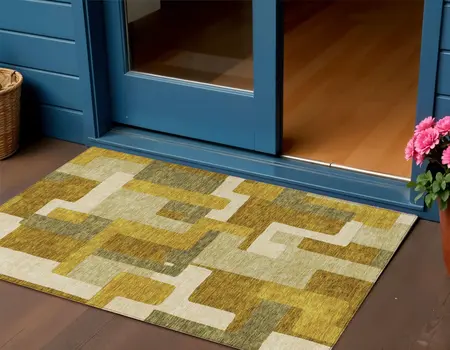3' X 5' Wheat Ivory And Gold Geometric Washable Indoor Outdoor Area Rug