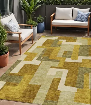 5' X 8' Wheat Ivory And Gold Geometric Washable Indoor Outdoor Area Rug