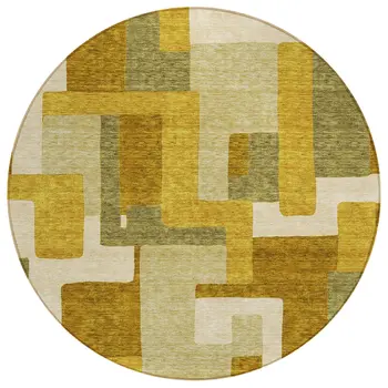 8' Wheat Ivory And Gold Round Geometric Washable Indoor Outdoor Area Rug