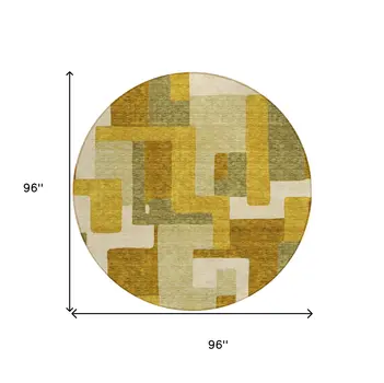 8' Wheat Ivory And Gold Round Geometric Washable Indoor Outdoor Area Rug