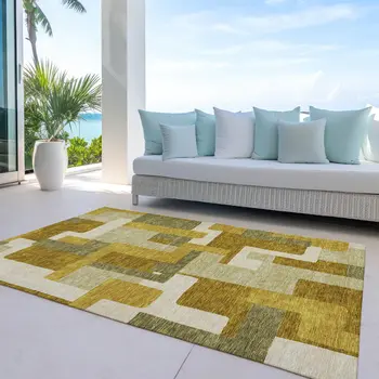 8' X 10' Wheat Ivory And Gold Geometric Washable Indoor Outdoor Area Rug
