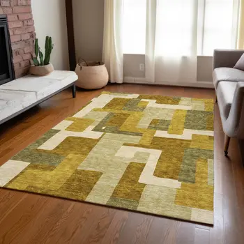 8' X 10' Wheat Ivory And Gold Geometric Washable Indoor Outdoor Area Rug