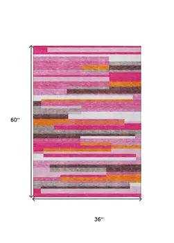 3' X 5' Blush Plum And Ivory Striped Washable Indoor Outdoor Area Rug