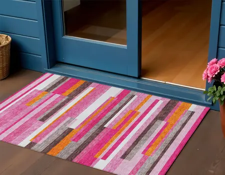 3' X 5' Blush Plum And Ivory Striped Washable Indoor Outdoor Area Rug