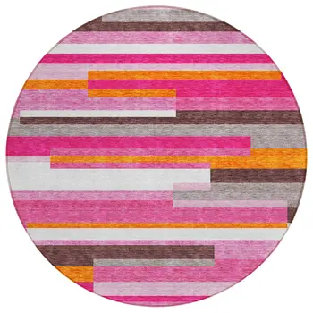 8' Blush Plum And Ivory Round Striped Washable Indoor Outdoor Area Rug