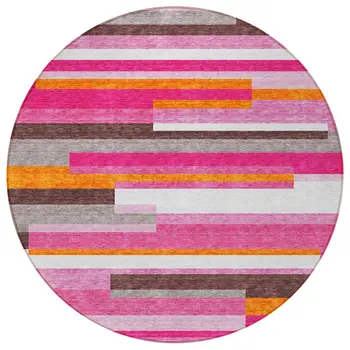 8' Blush Plum And Ivory Round Striped Washable Indoor Outdoor Area Rug