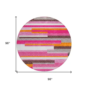 8' Blush Plum And Ivory Round Striped Washable Indoor Outdoor Area Rug