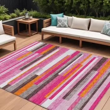 10' X 14' Blush Plum And Ivory Striped Washable Indoor Outdoor Area Rug