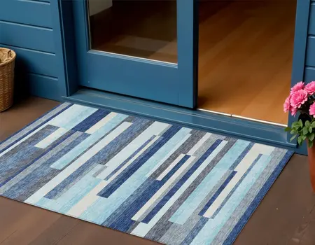 3' X 5' Blue Gray And Ivory Striped Washable Indoor Outdoor Area Rug