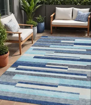 5' X 8' Blue Gray And Ivory Striped Washable Indoor Outdoor Area Rug