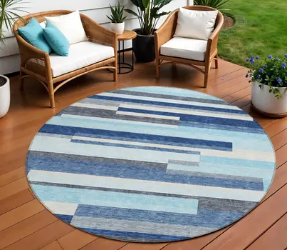 8' Blue Gray And Ivory Round Striped Washable Indoor Outdoor Area Rug