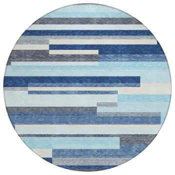 8' Blue Gray And Ivory Round Striped Washable Indoor Outdoor Area Rug