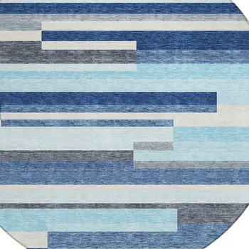8' Blue Gray And Ivory Round Striped Washable Indoor Outdoor Area Rug