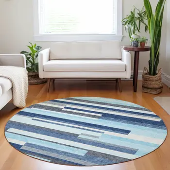 8' Blue Gray And Ivory Round Striped Washable Indoor Outdoor Area Rug