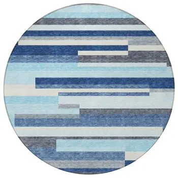 8' Blue Gray And Ivory Round Striped Washable Indoor Outdoor Area Rug