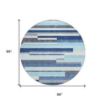 8' Blue Gray And Ivory Round Striped Washable Indoor Outdoor Area Rug