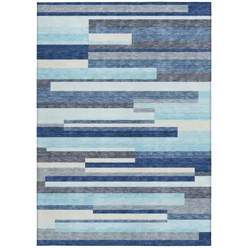 8' X 10' Blue Gray And Ivory Striped Washable Indoor Outdoor Area Rug