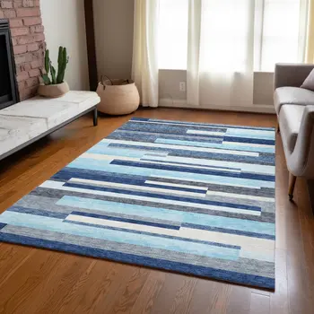 8' X 10' Blue Gray And Ivory Striped Washable Indoor Outdoor Area Rug