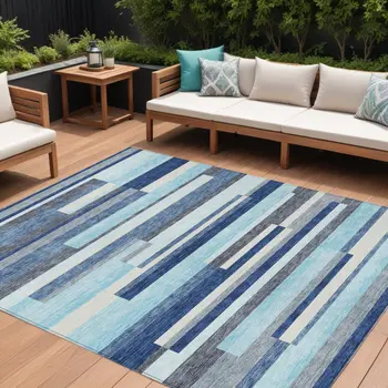 9' X 12' Blue Gray And Ivory Striped Washable Indoor Outdoor Area Rug