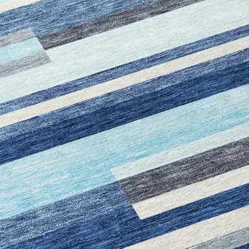 9' X 12' Blue Gray And Ivory Striped Washable Indoor Outdoor Area Rug