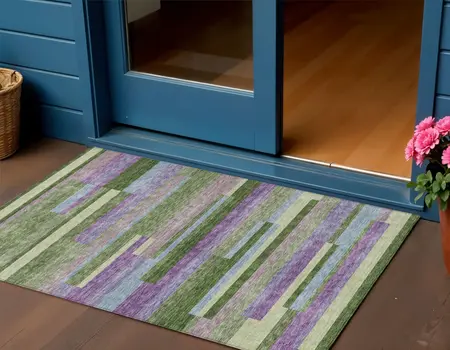 3' X 5' Moss Green Olive Green And Purple Striped Washable Indoor Outdoor Area Rug