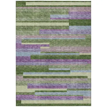 3' X 5' Moss Green Olive Green And Purple Striped Washable Indoor Outdoor Area Rug