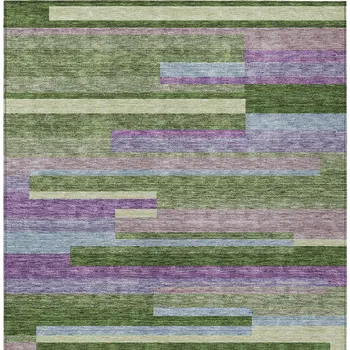 5' X 8' Moss Green Olive Green And Purple Striped Washable Indoor Outdoor Area Rug