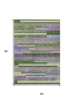 5' X 8' Moss Green Olive Green And Purple Striped Washable Indoor Outdoor Area Rug